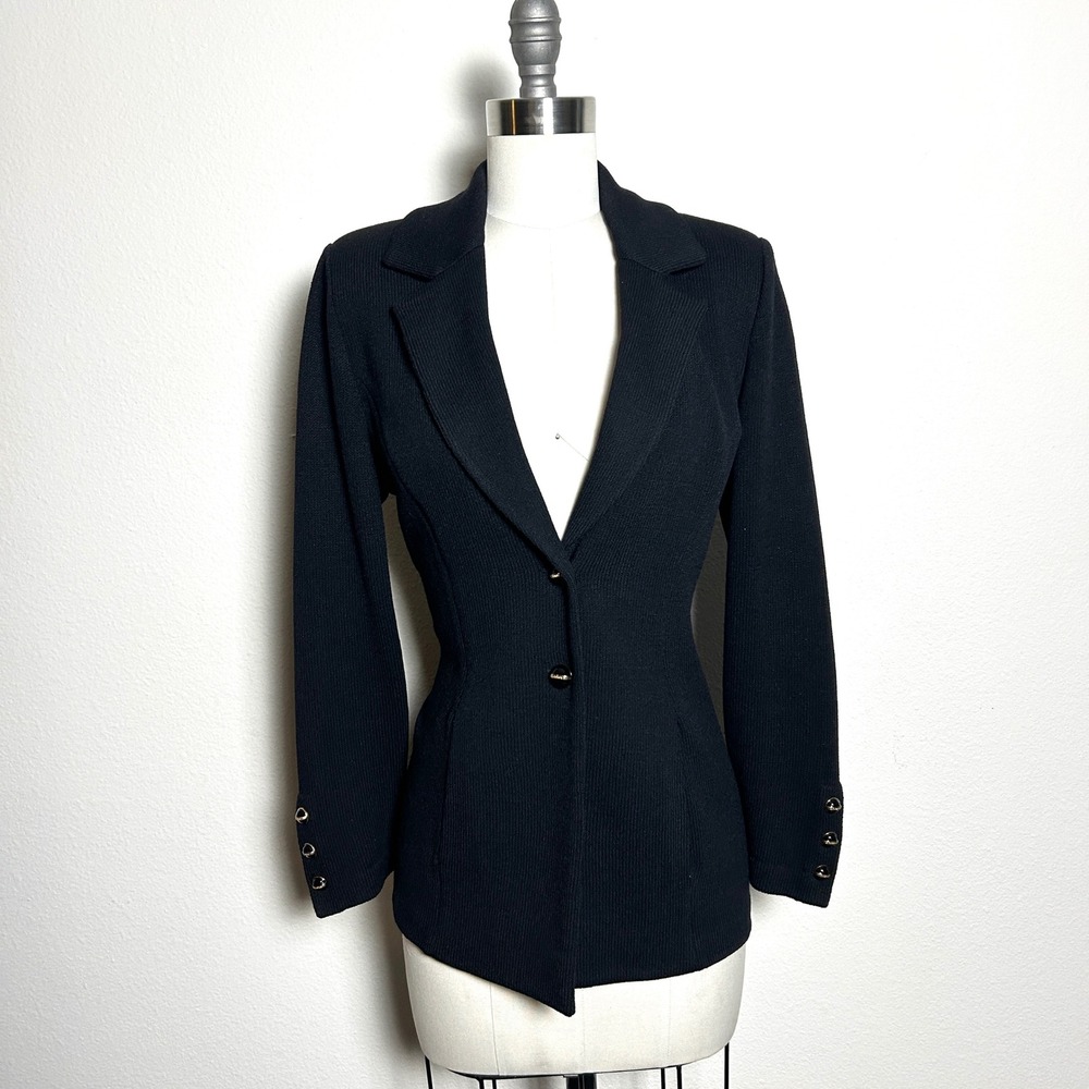 St. John Black Wool Knit Blazer Vintage Marie Gray Button Jacket Women Size 2 US